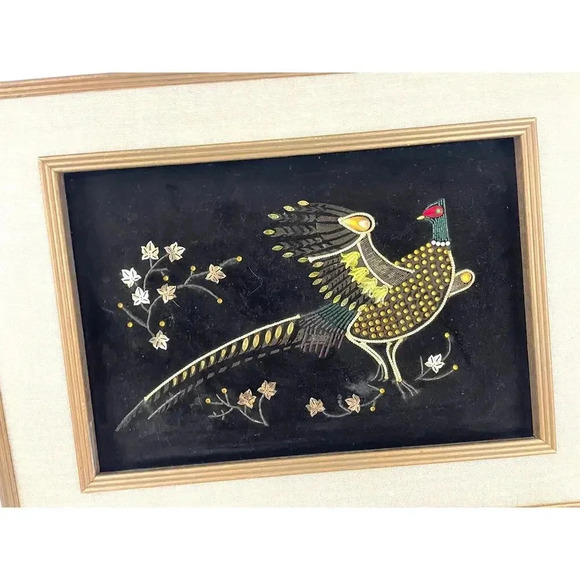 VTG Pheasant Bird Black Velvet Felt Beaded Rhinestones Art Wooden Frame MCM - Picture 6 of 16
